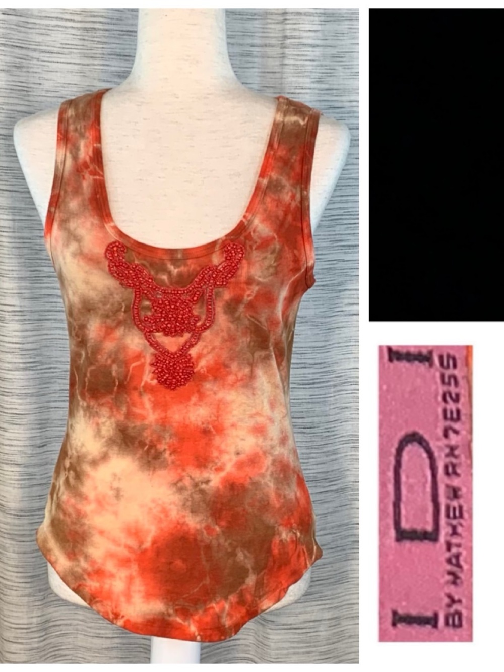 IDI by Mathew Orange “tie dye” style print with beaded front tank top.